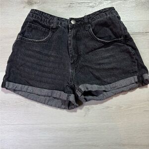 Empyre Washed Black Denim Roll Cuff Shorts, Size 1